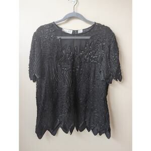 Laurence Kazar Black Sequin Floral Silk Short Sleeve Formal Shirt Top L